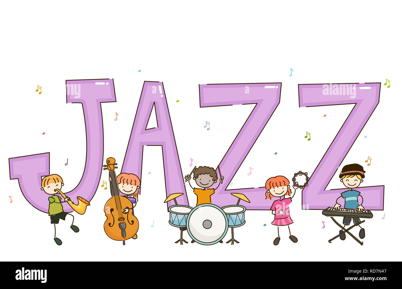 Illustration of Stickman Kids Playing Jazz Using Saxophone, Cello, Drums, Tambourine and Keyboard Stock Photo