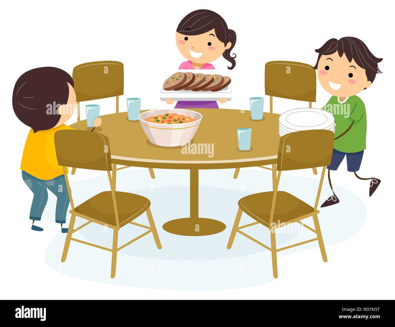 Illustration of Stickman Kids Setting the Dining Table, Placing Glasses