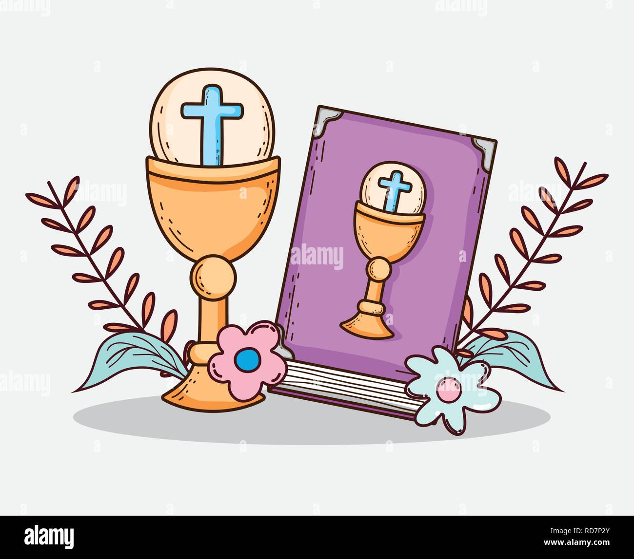 bibble with chaliz and host to first communion Stock Vector
