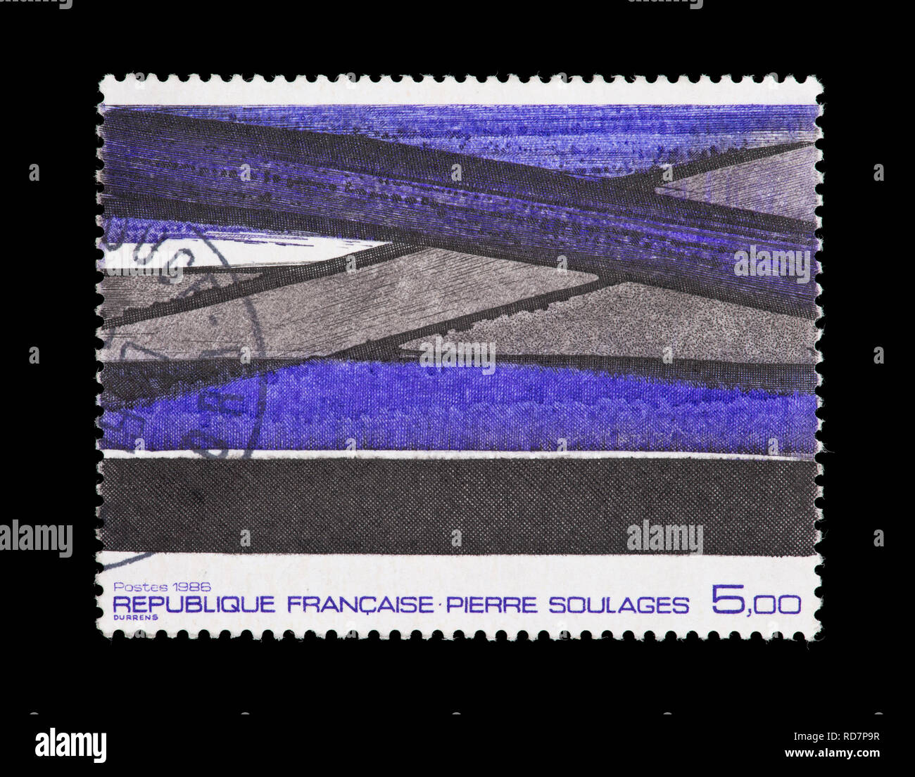 Postage stamp from France depicting the painting Abstract by Pierre Soulages Stock Photo