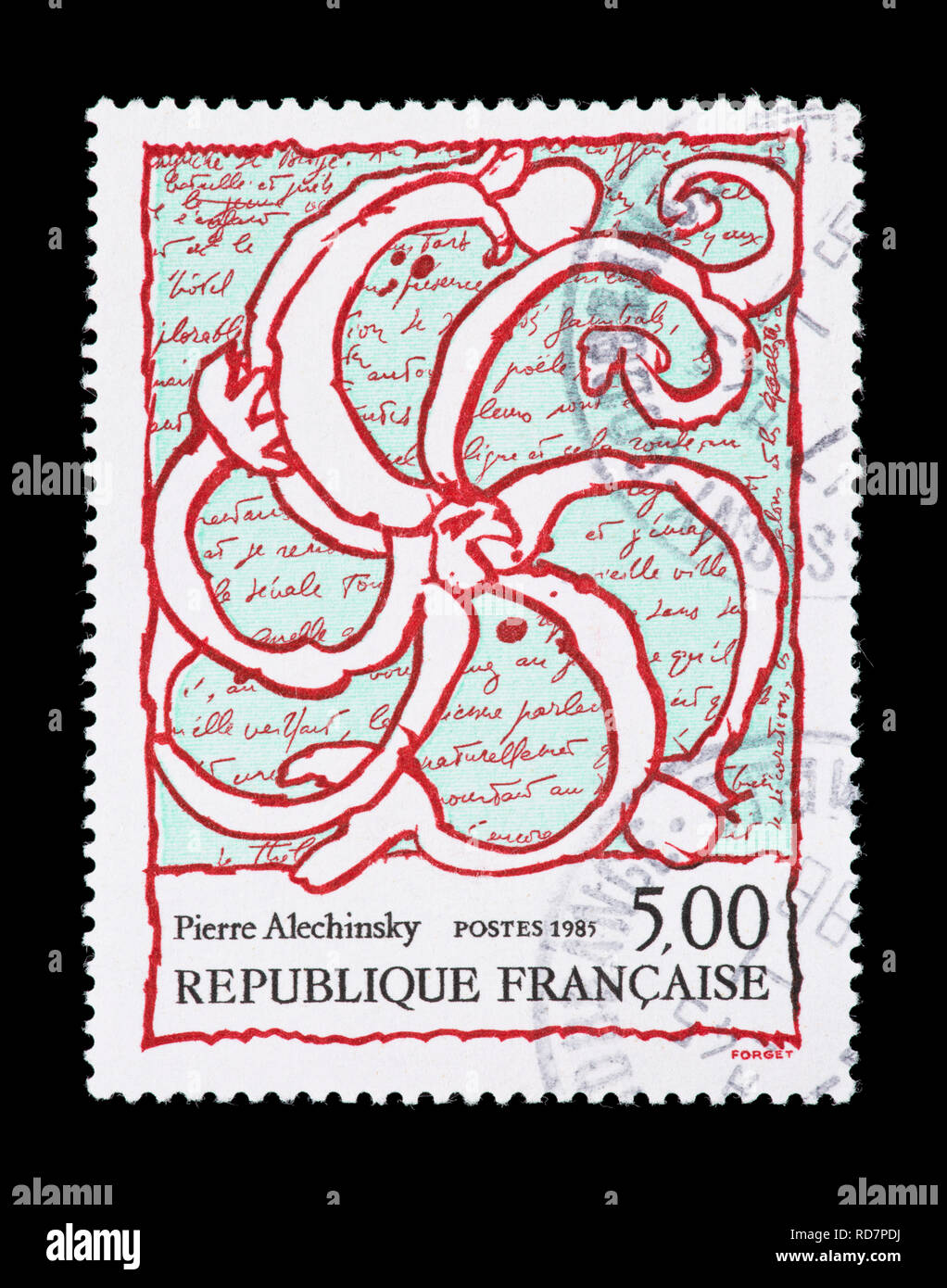 Postage stamp from France depicting the Pierre Alechinsky artwork Octopus Overlaid on Manuscript. Stock Photo