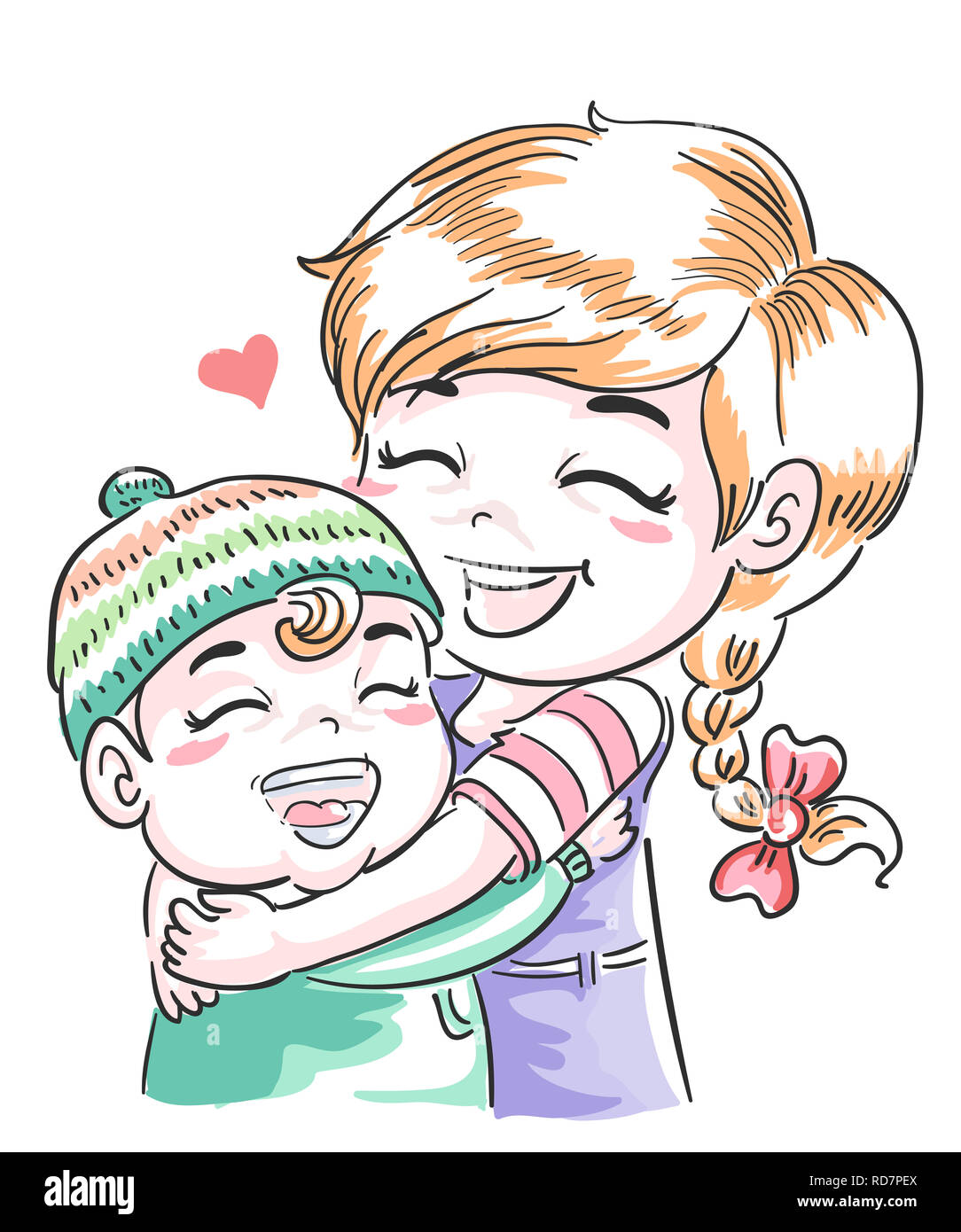Illustration of Older Sister Hugging Younger Sibling Stock Photo
