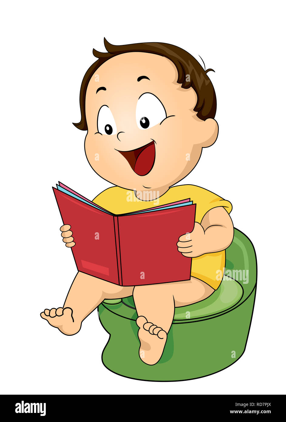 Illustration of a Kid Boy Toddler Sitting on the Potty Reading a Potty Training Book Stock Photo