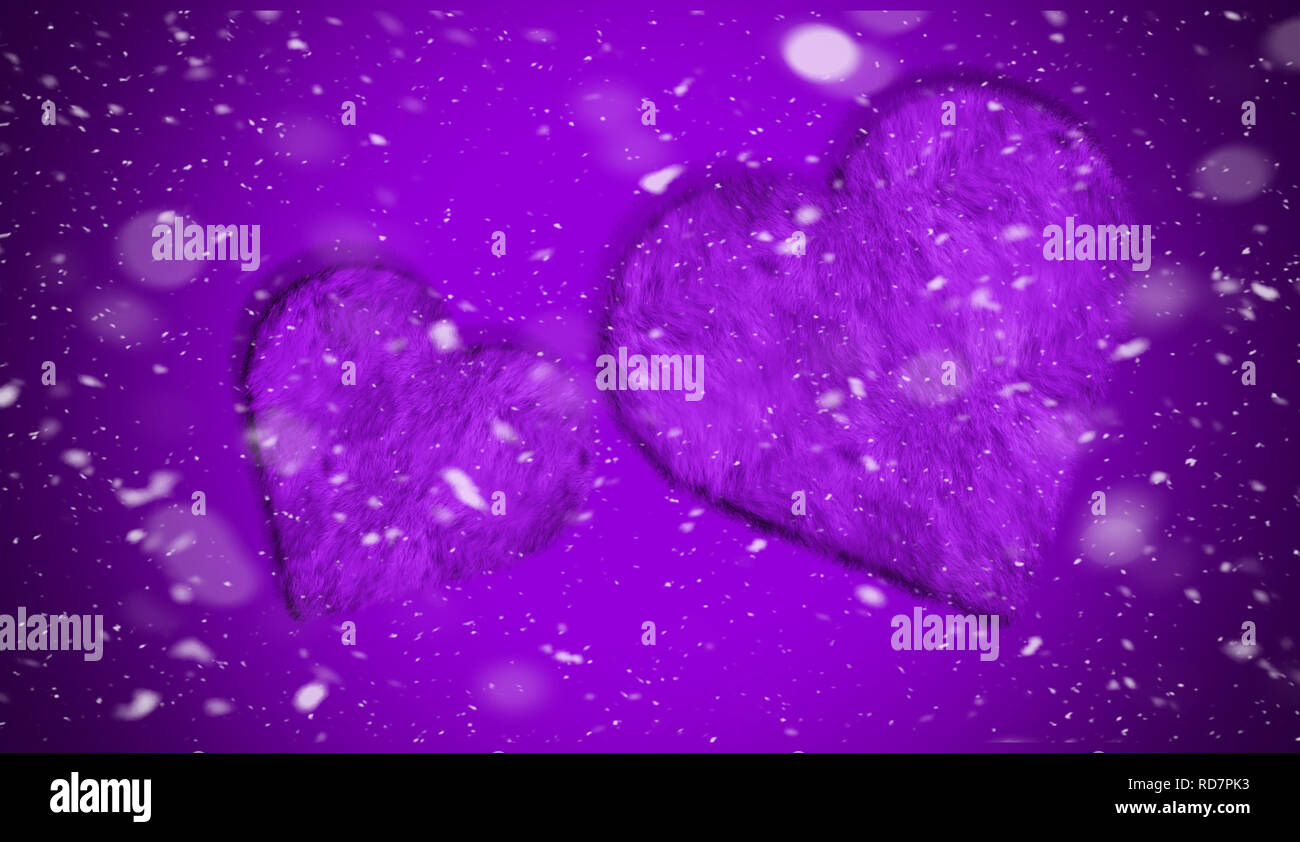 Romantic love purple hearts with smoke on background for copy space. With snow texture overlays Stock Photo