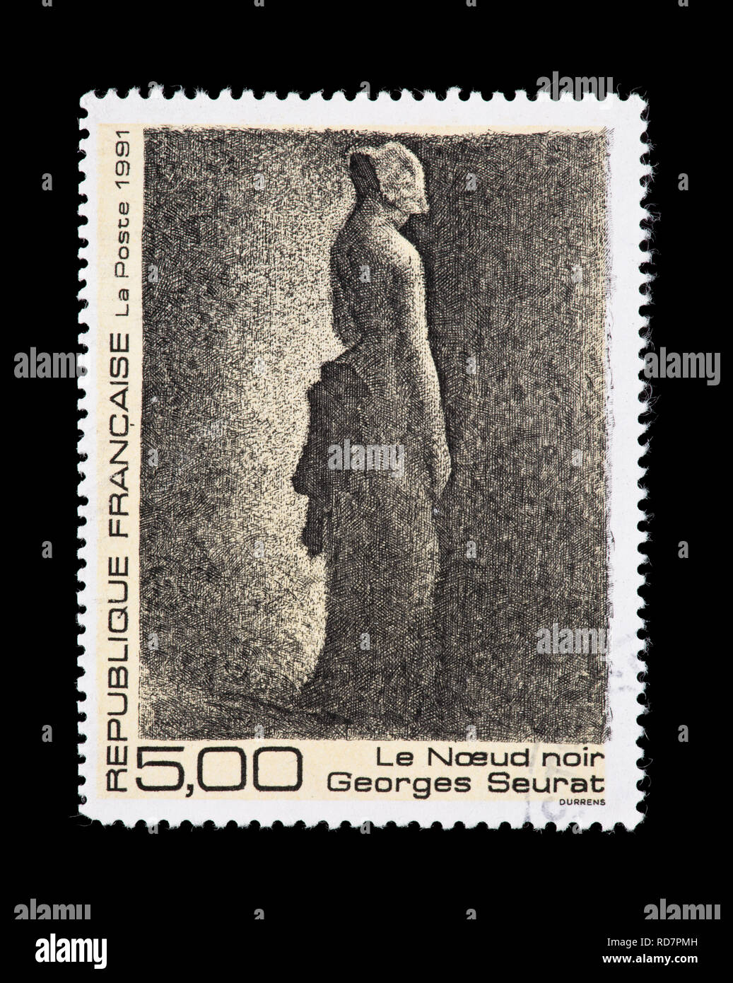 Postage stamp from France depicting the Georges Seurat painting Le Noeud Noir Stock Photo