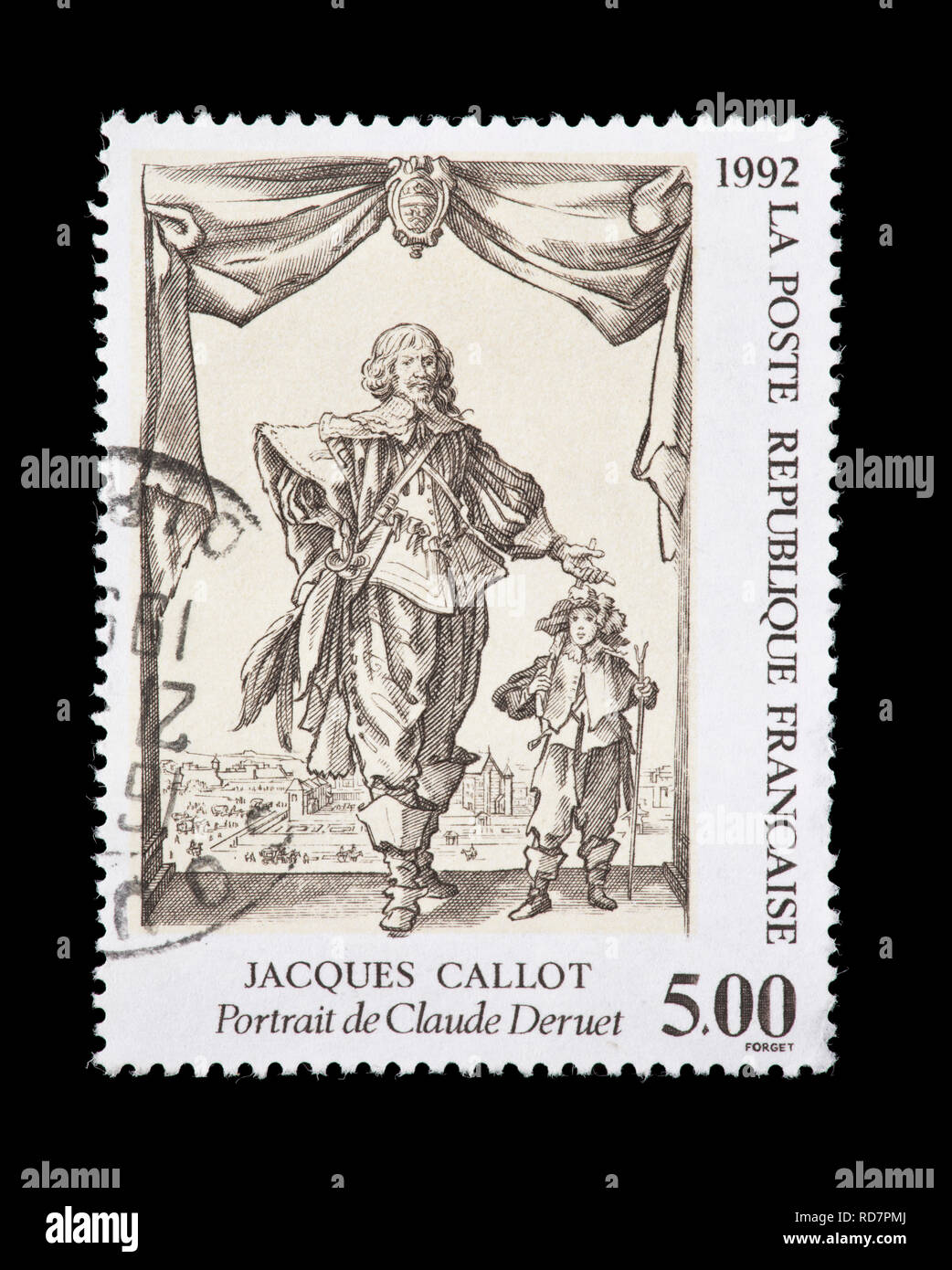 Postage stamp from France depicting the Claude Deruet painting Portrait of Jacques Callot Stock Photo