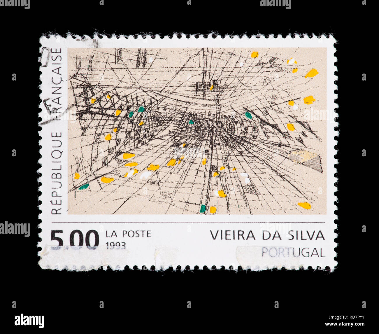 Postage stamp from France depicting an abstract painting by Maria Helena Vieira da Silva. Stock Photo