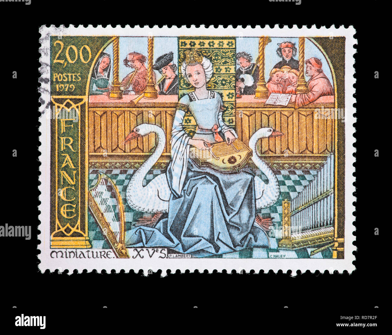 Postage stamp from France depicting a 15th century miniature 'Music' Stock Photo