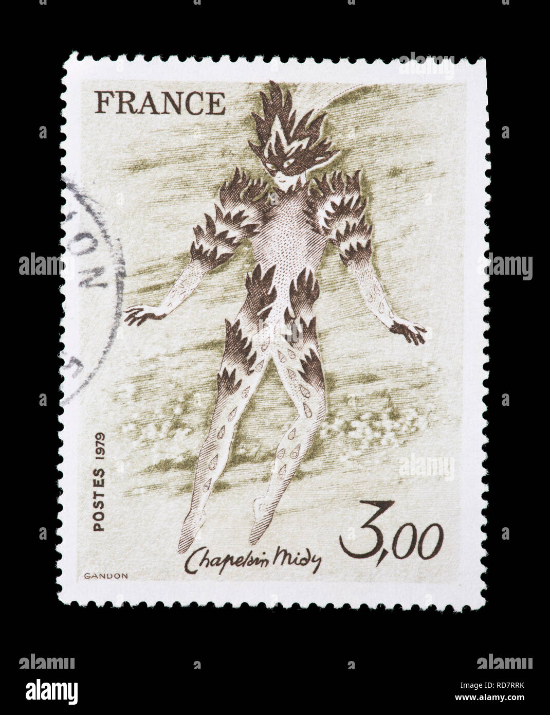 Postage stamp from France depicting the Chaplain Midy painting Fire Dancer from the Magic Flute Stock Photo