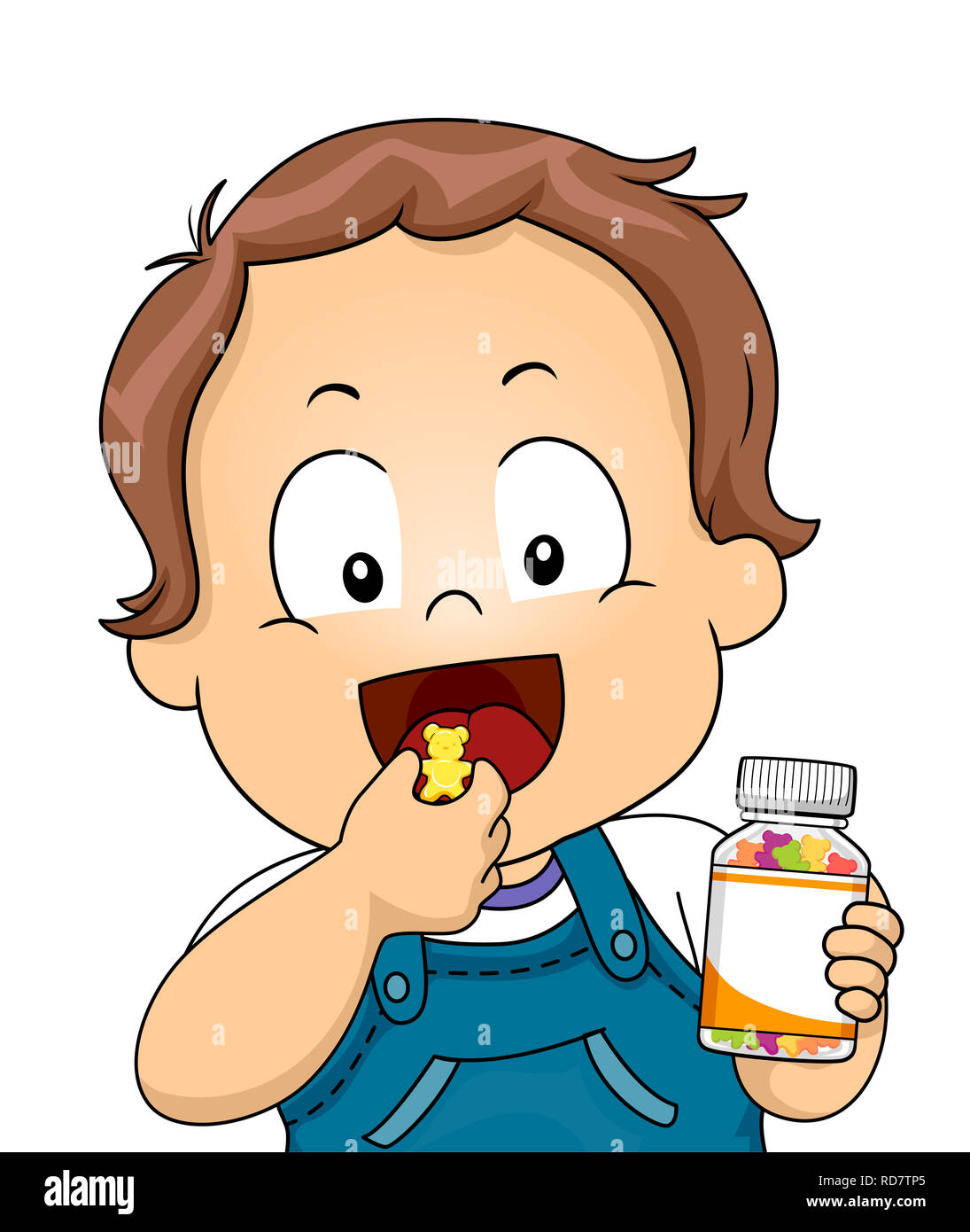 Illustration of a Kid Boy Toddler Holding a Bottle of Vitamins and About to  Chew One Stock Photo - Alamy