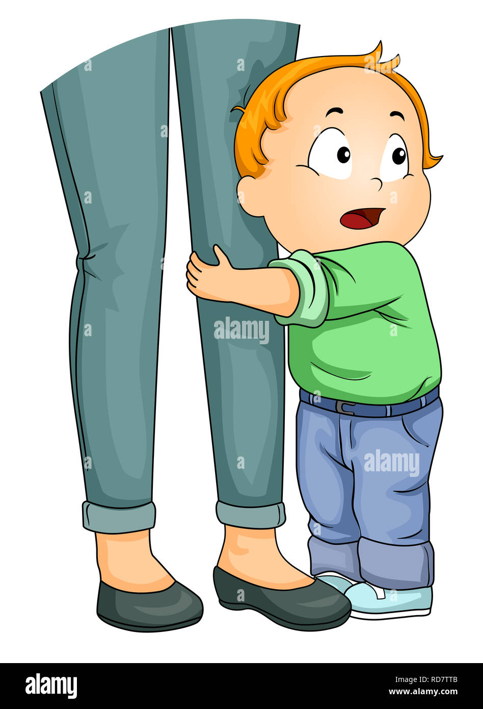 Illustration of a Kid Boy Toddler Clinging Unto His Mothers Legs Being Afraid to Let Go Stock Photo