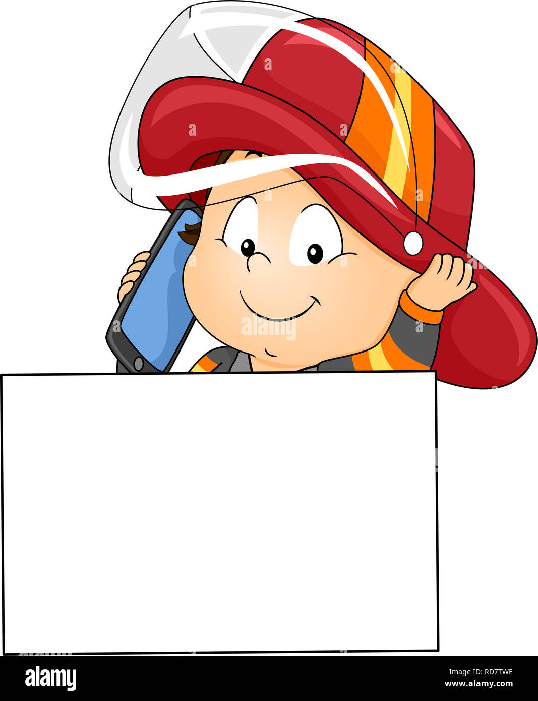 Illustration of a Kid Boy Toddler Wearing Fireman Hat and Using a Mobile Phone with a Blank Board Stock Photo