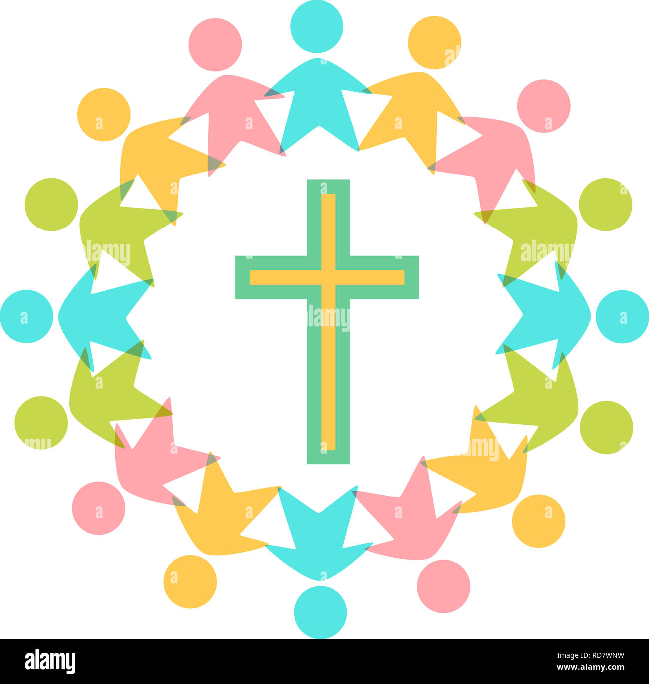 Illustration of People Standing and Holding Hands in a Circle with a Cross Inside. Religious Group Stock Photo