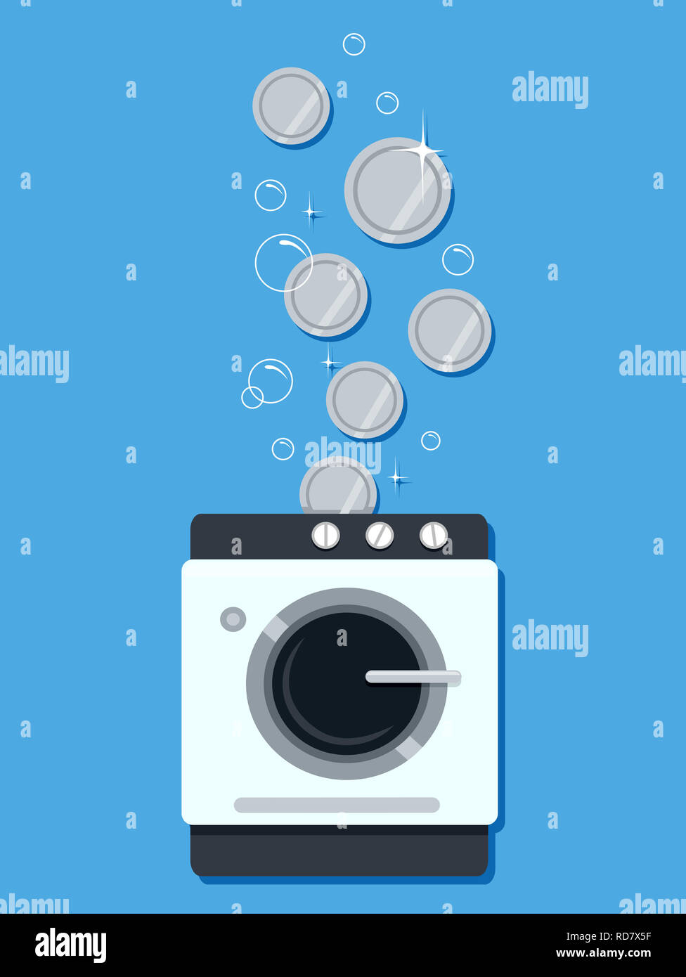 Illustration of a Washing Machine with Coins and Bubbles Going Up