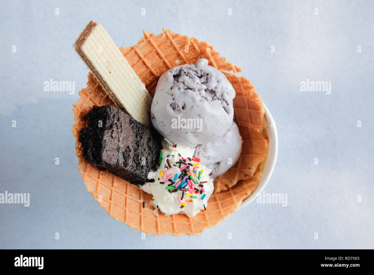 Ice cream sundae with brownie wafer waffle biscuit Stock Photo Alamy