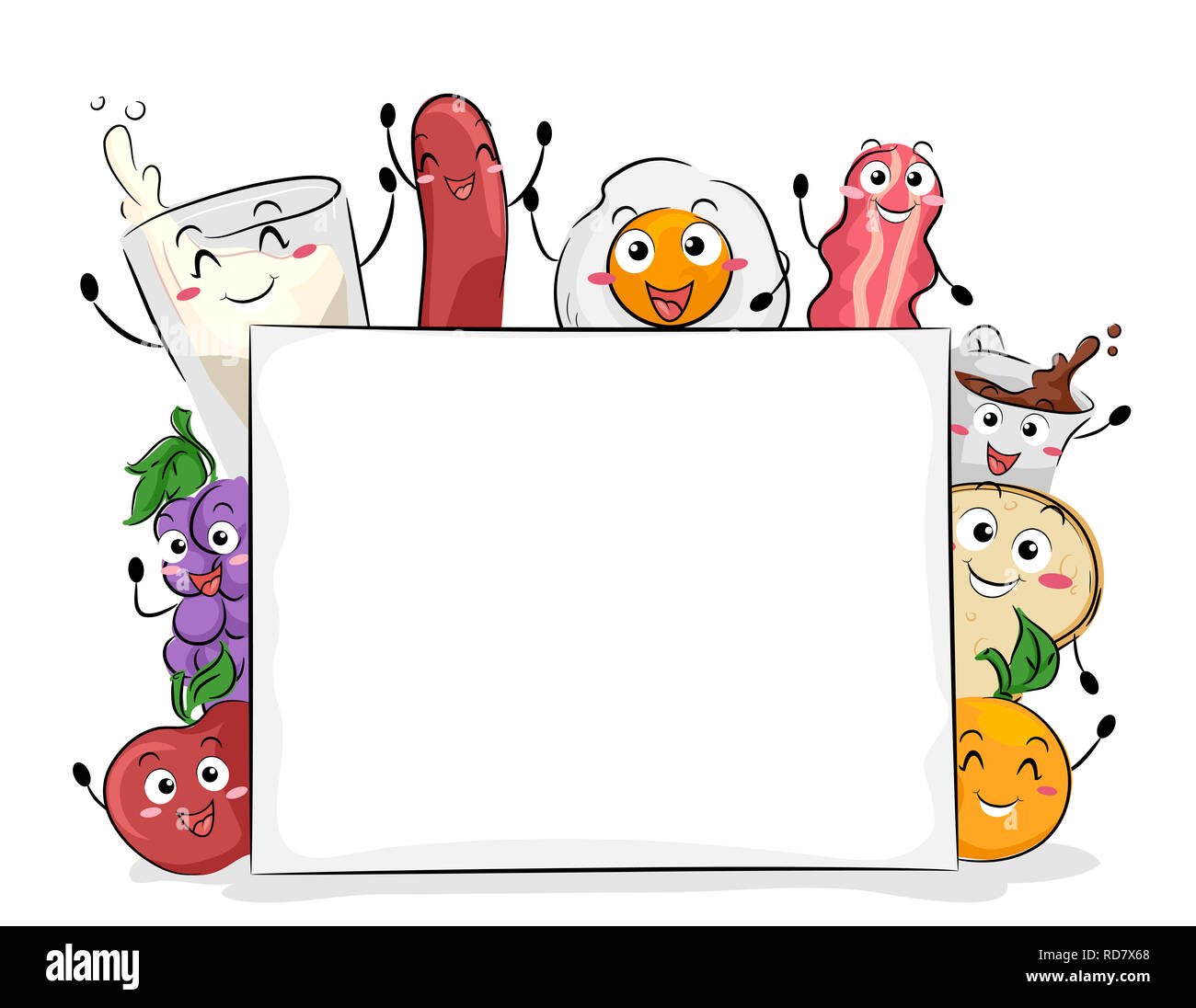 Illustration of Breakfast Mascots with Blank Board from Apple to Milk to Orange Stock Photo