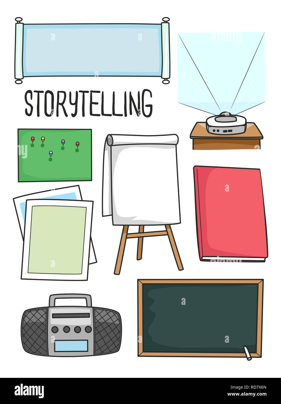 Illustration of Story Telling Materials Used in School from Scroll, Radio,  Blackboard, Projector and Book Stock Photo - Alamy