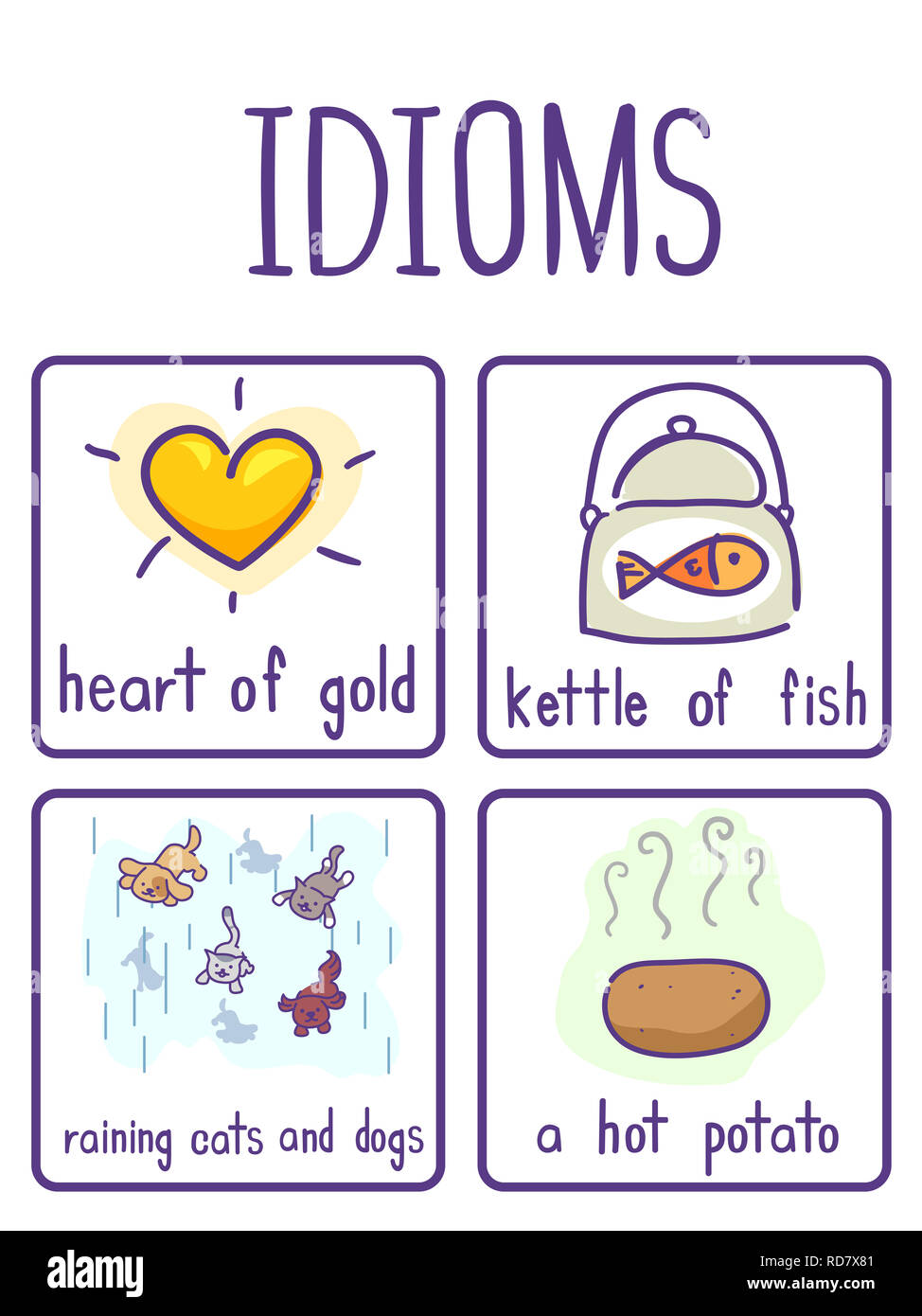 Illustration of Examples of Idioms like Heart of Gold, Kettle of Fish,  Raining Cats and Dogs and a Hot Potato for an English Class Stock Photo -  Alamy