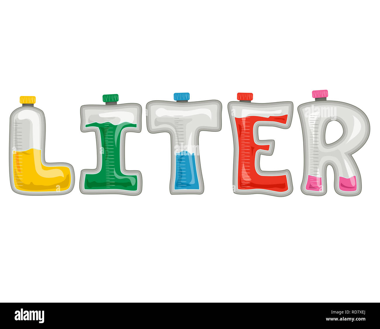 Illustration of Liter Lettering Containers with Colorful Liquid Inside Stock Photo
