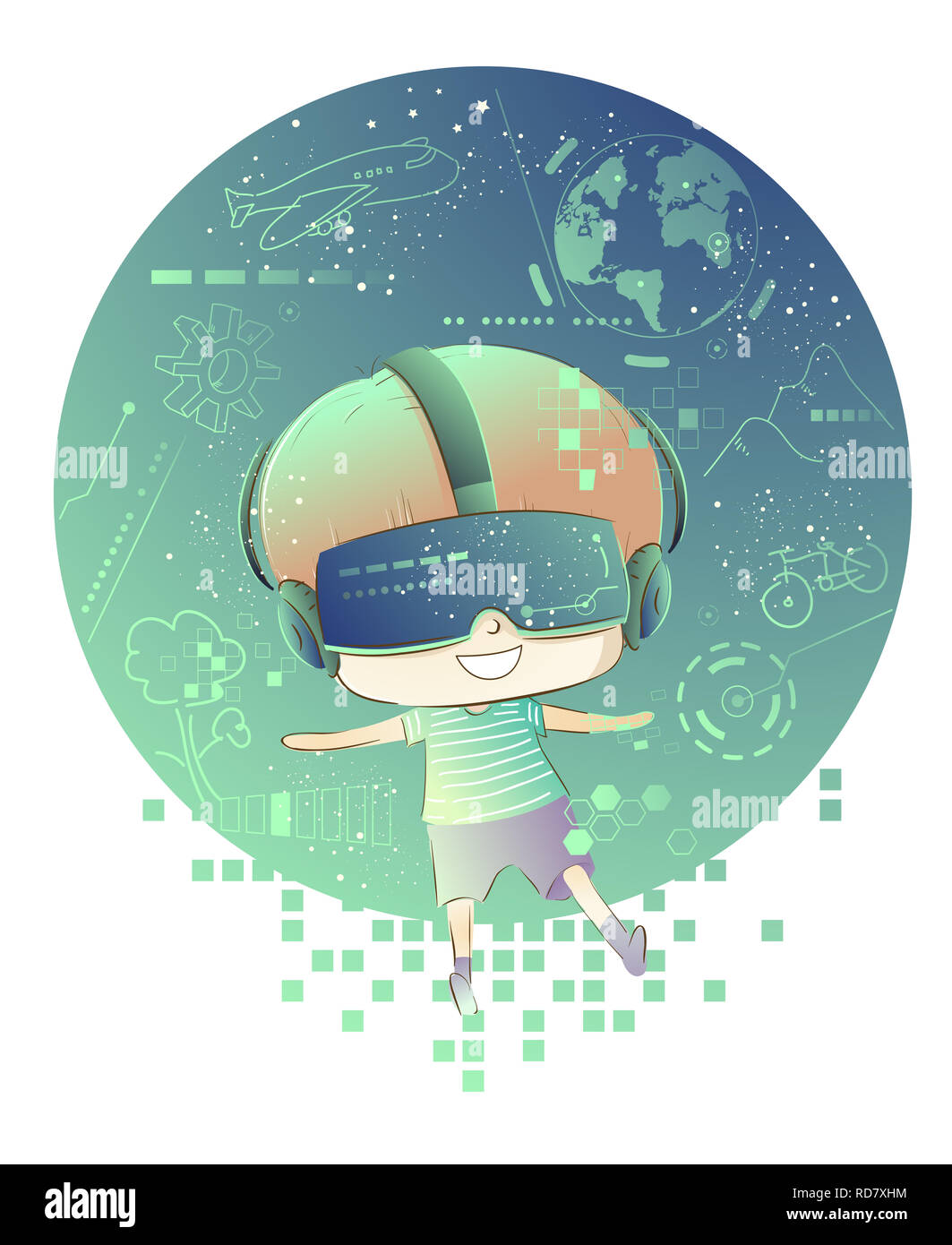 Illustration of a Kid Boy Wearing Virtual Reality Goggles with Digital ...