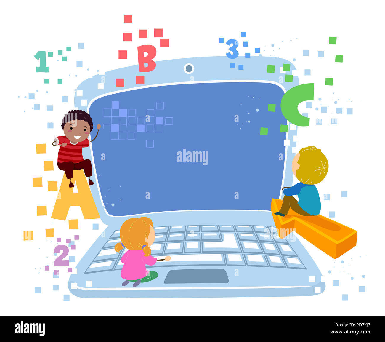 Illustration of Stickman Kids with Laptop, ABC, 123 and Pixels Stock Photo  - Alamy