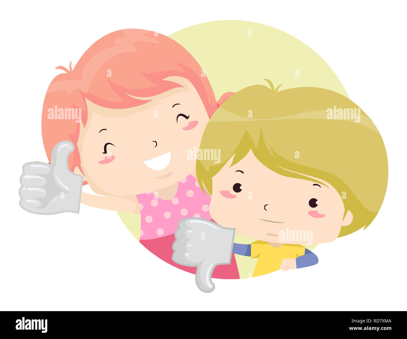 Illustration of Kids Showing Thumbs Up and Thumbs Down Stock Photo