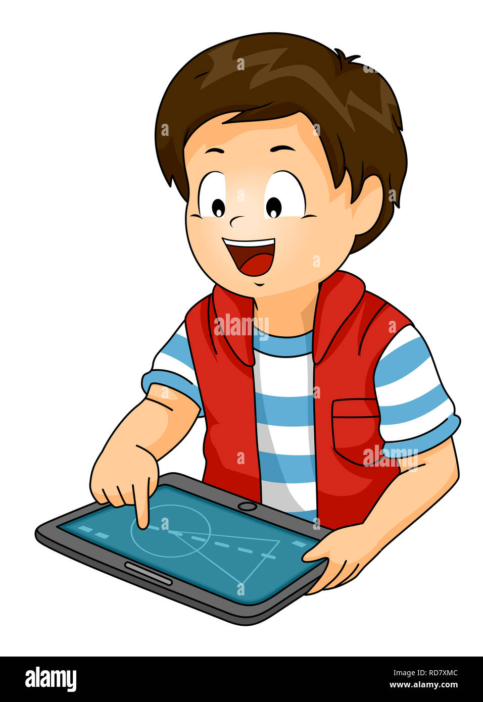 Illustration of a Kid Boy Drawing on His Tablet Computer Screen Using Fingers Stock Photo