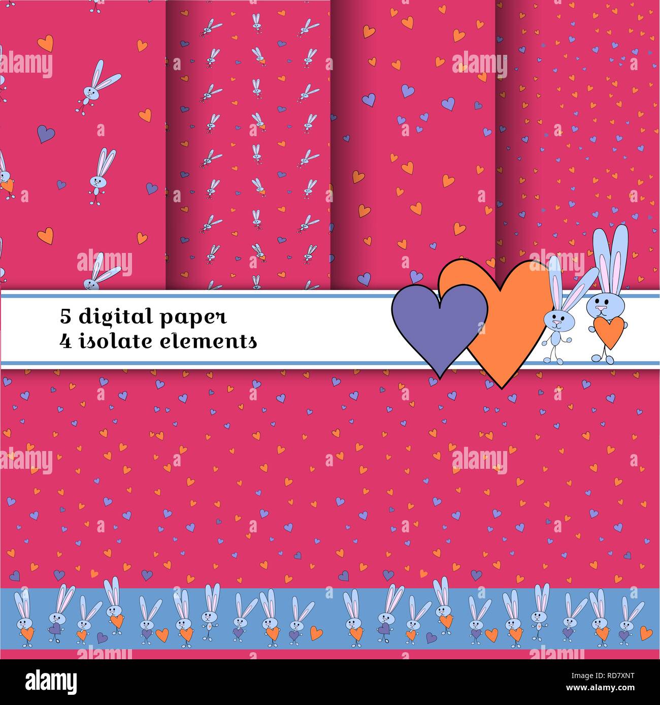 Grey bunny pattern at pink background. Set of 5 background. For print