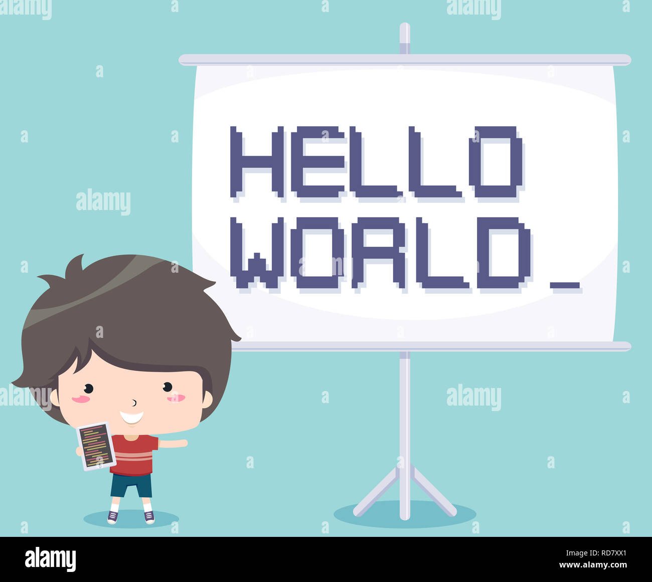 Illustration of a Kid Boy Holding Computer Tablet with Hello World on Projector Screen Teaching Programming Stock Photo