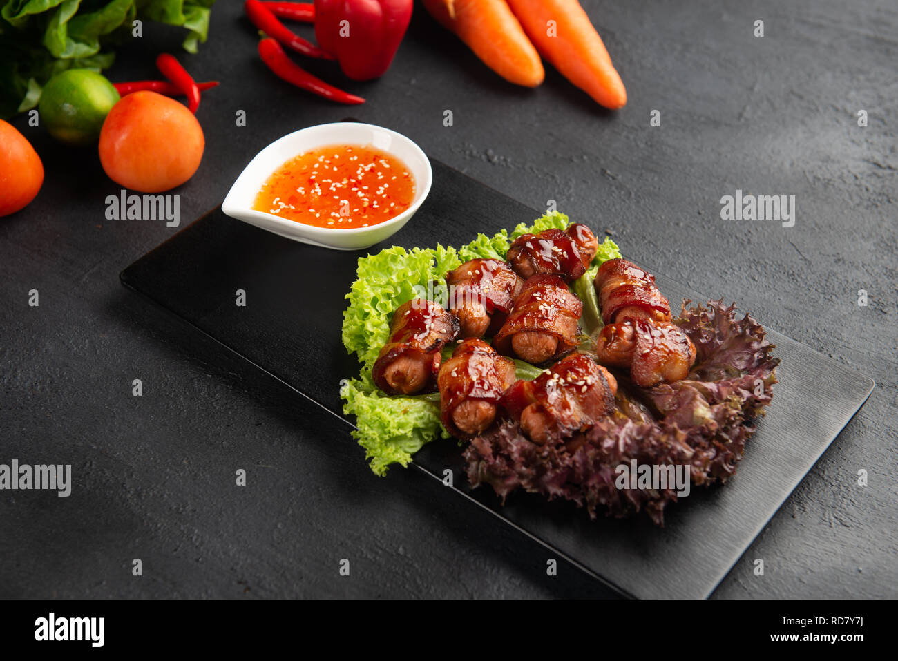 Pigs in Blankets Sausages wrapped in bacon. Traditional British