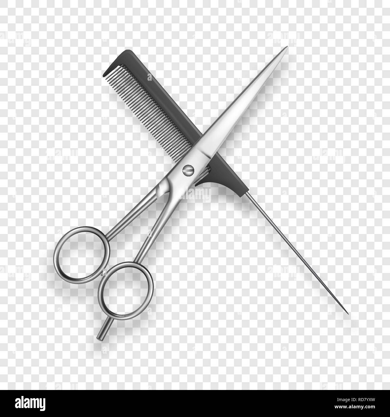 Vector Realistic 3d Classic Simple Scissors and Black Plastic Hairdresser s Comb Icon for Salon, Barbershop, Mock-up Closeup Isolated on White. Design Template of Hair Comb for Mockup. Top View Stock Vector