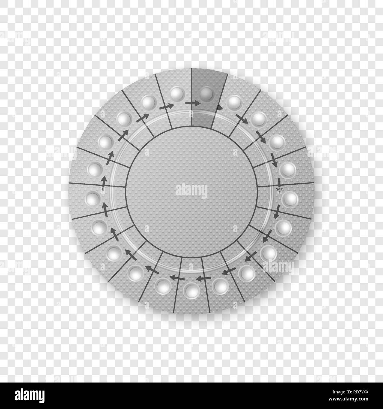Vector Realistic Packaging of Birth Control Pills in Blister Closeup Isolated. Contraceptive Pill, Hormonal Tablets. Design Template of Women Drugs for Mockup. Planning Pregnancy. Top View Stock Vector