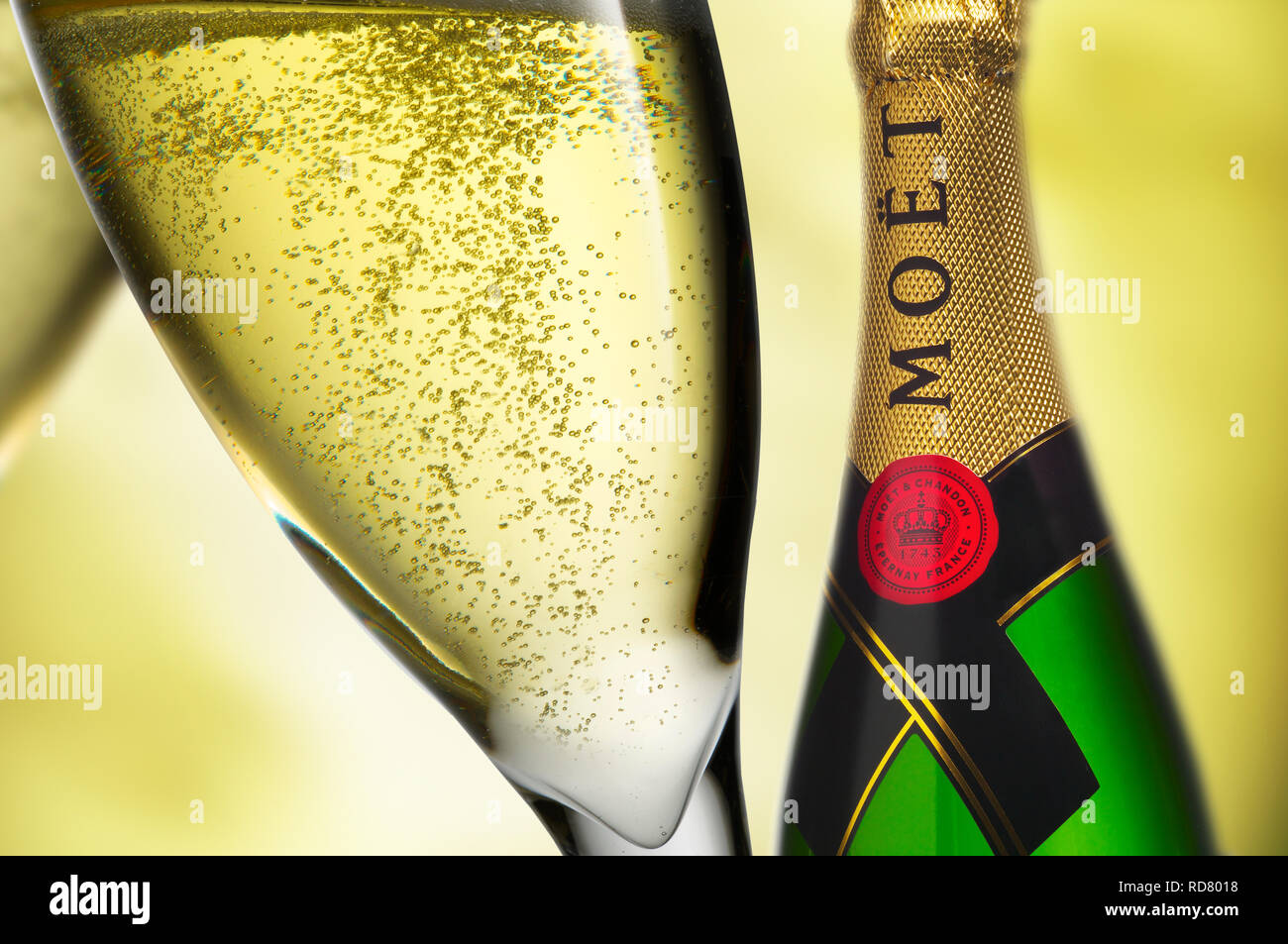 Close up of Moet champagne bottle and flute Stock Photo