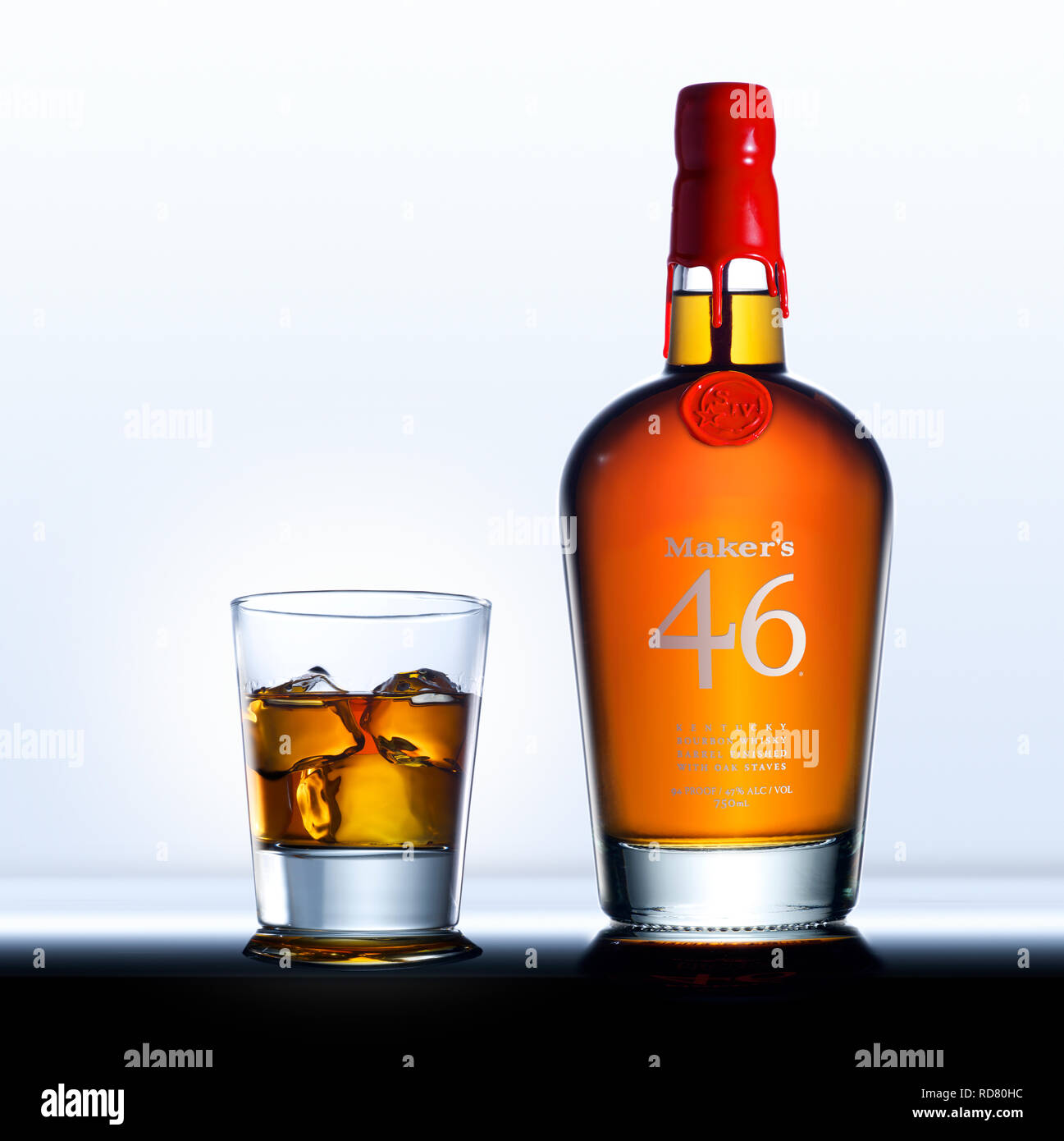 Maker's Mark 46 whiskey bottle and glass, studio shot Stock Photo