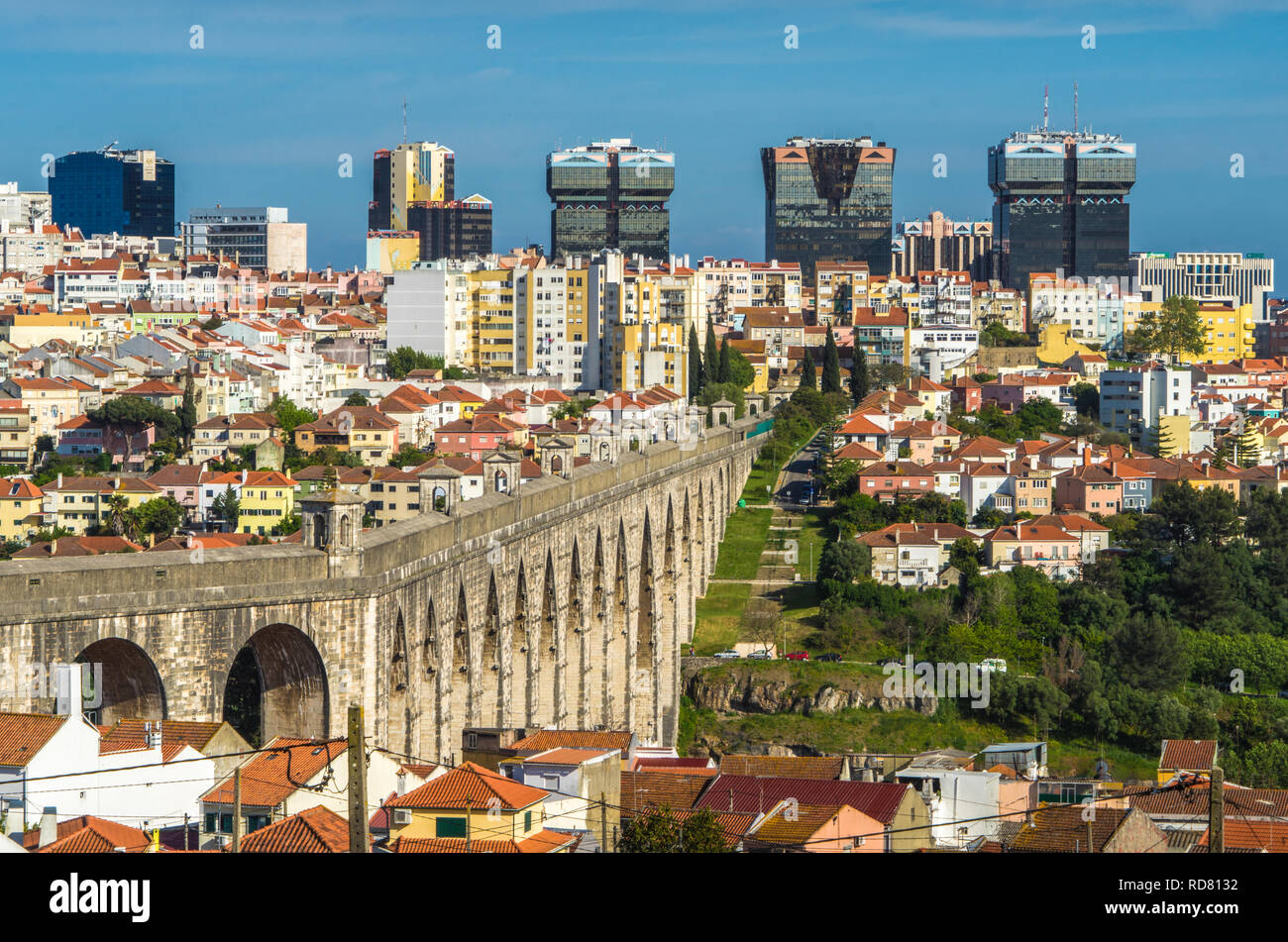 Lisbon, Aqueduct and commercial towers Stock Photo