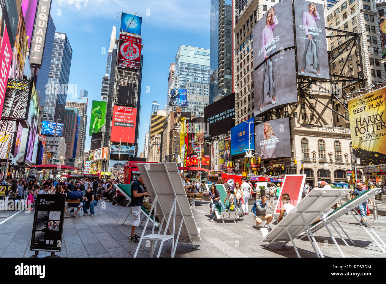 Madrid, Spain - June 26, 2018: Scenic view of Times Square in Manhattan a sunny day of summer with a crowd of tourists Stock Photo