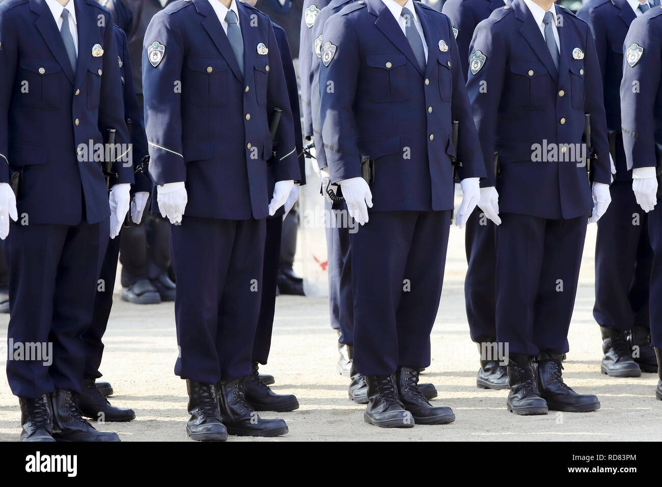 Japanese police officers stand in a row, attention Stock Photo