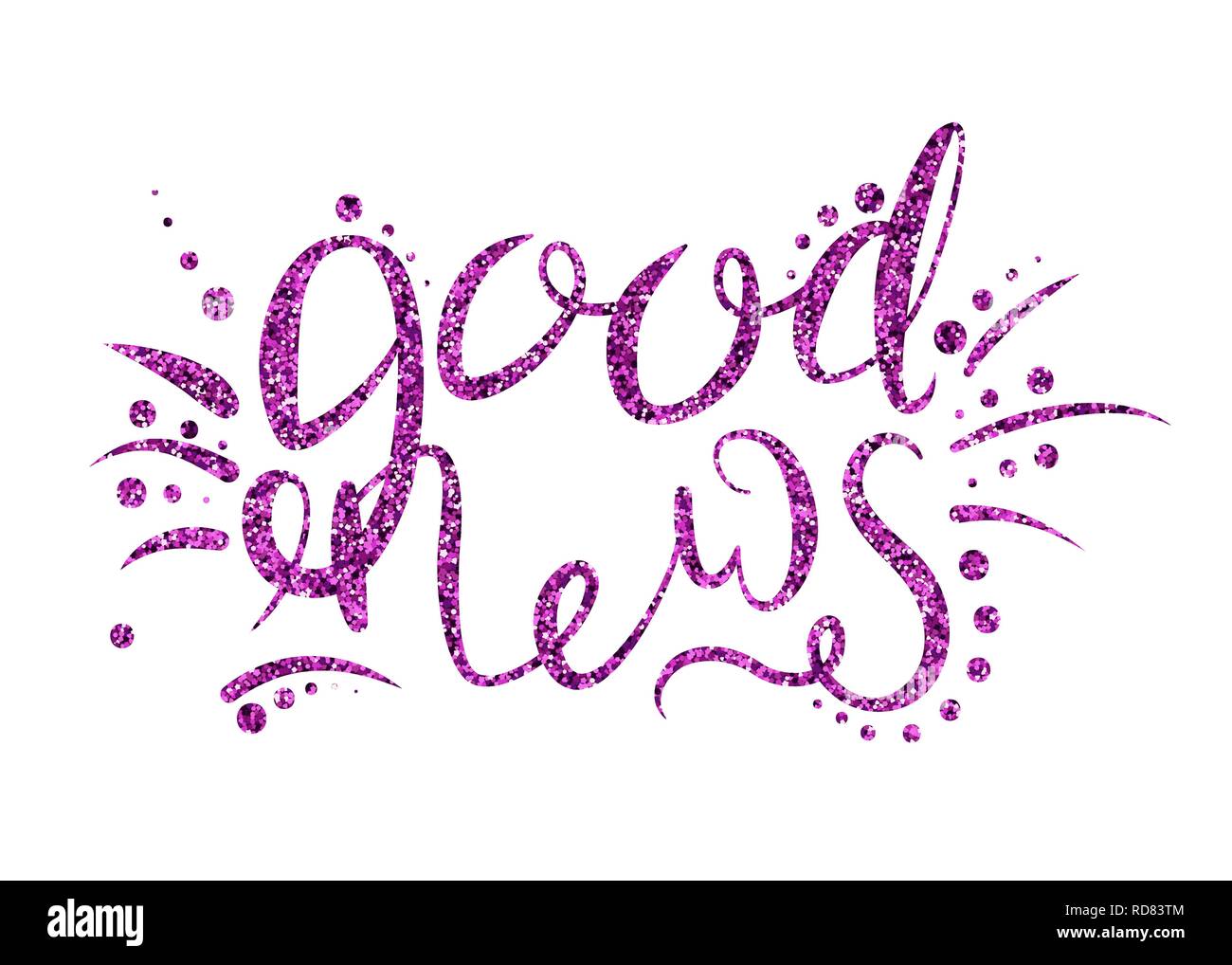 Good news. Calligraphy ink with curls. Beautiful handwritten lettering. Vector illustration. Pink spangle. Stock Vector