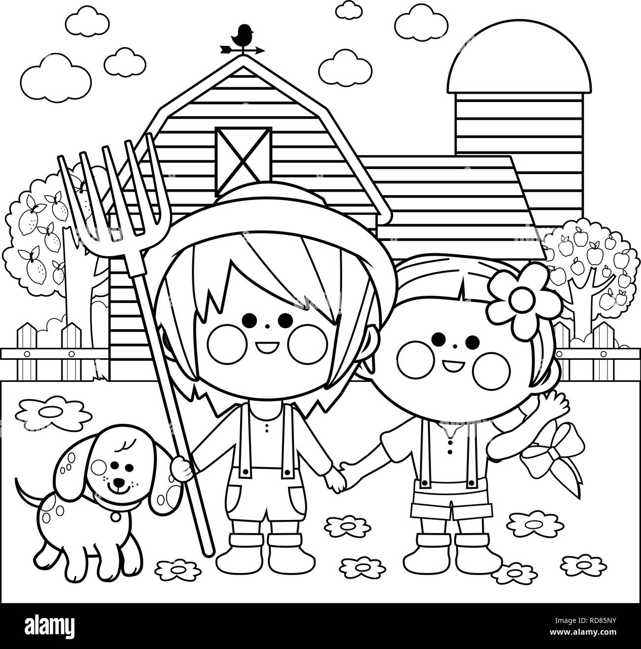 Little farmer boy and girl at the farm with dog, chicken, barn, farmhouse, fence and trees. Black and white coloring book page Stock Vector