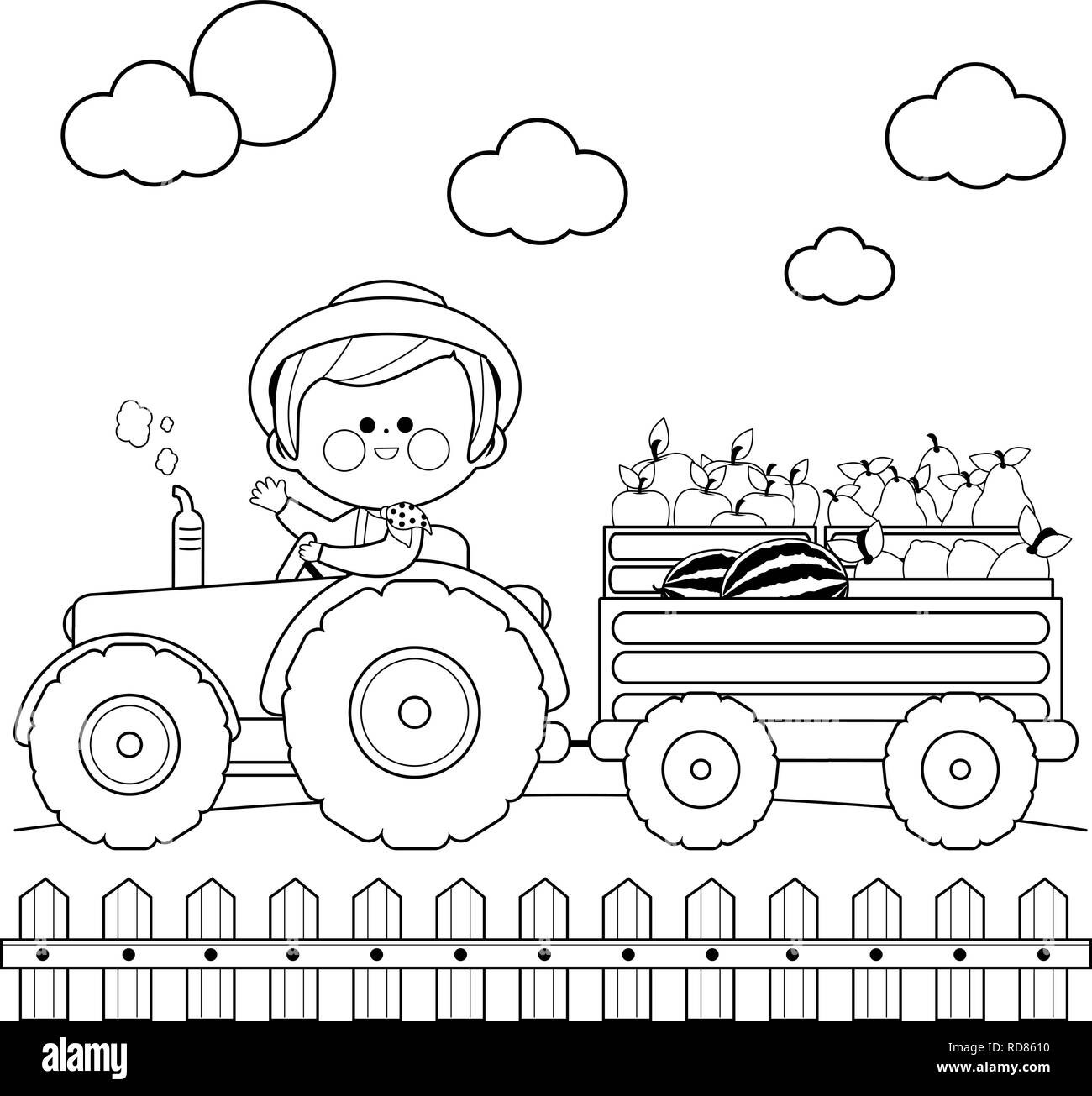 Farmer at the farm driving a tractor and carrying fruits. Black and white coloring book page Stock Vector