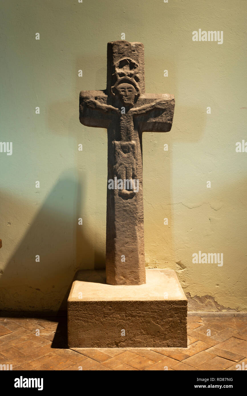 Medieval cross in St Martin's church, Cwmyoy, near Abergavenny, Monmouithshire, Wales, UK Stock Photo