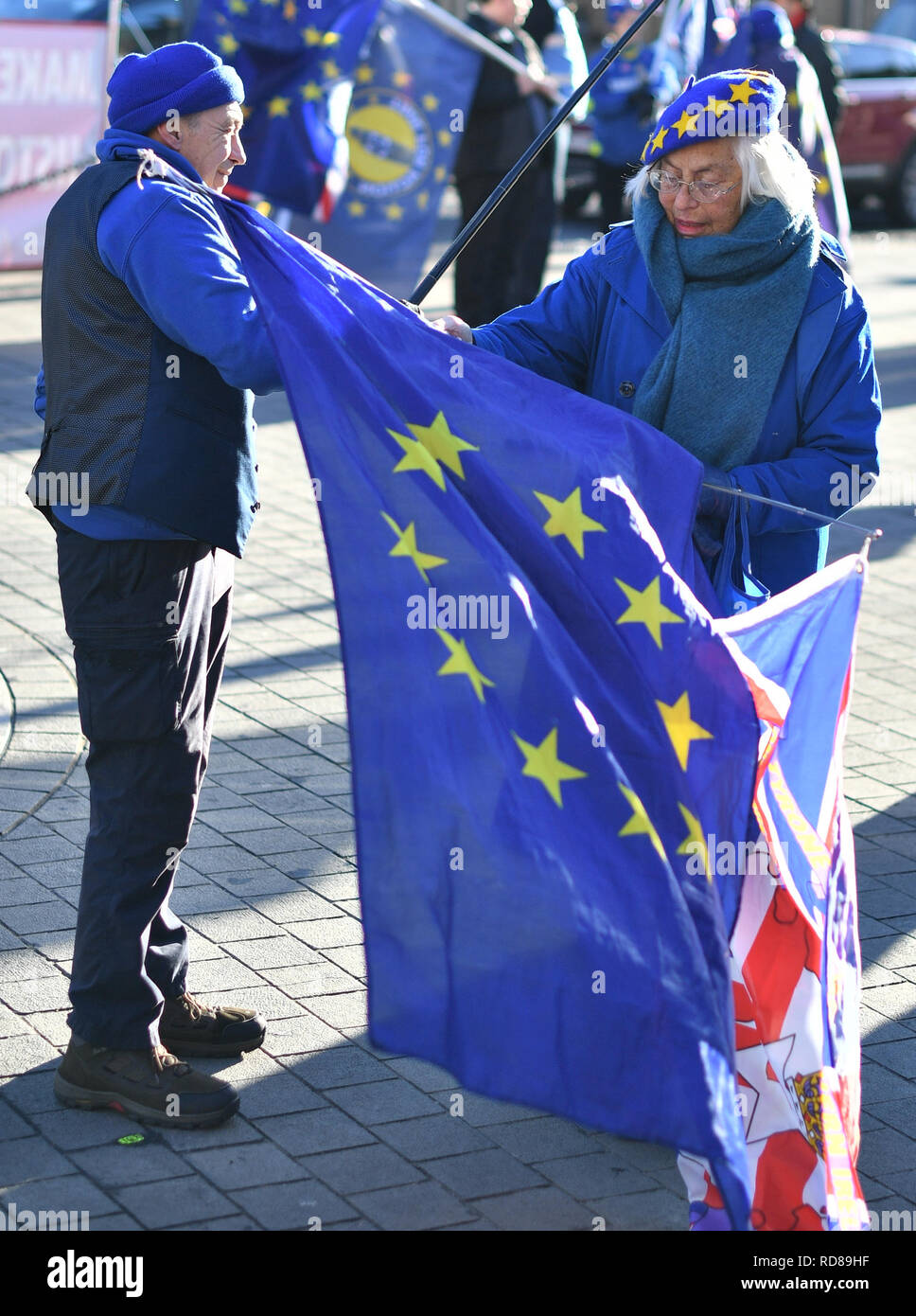 Anti-Brexit protestors with a European Union flag in Westminster, London. Stock Photo