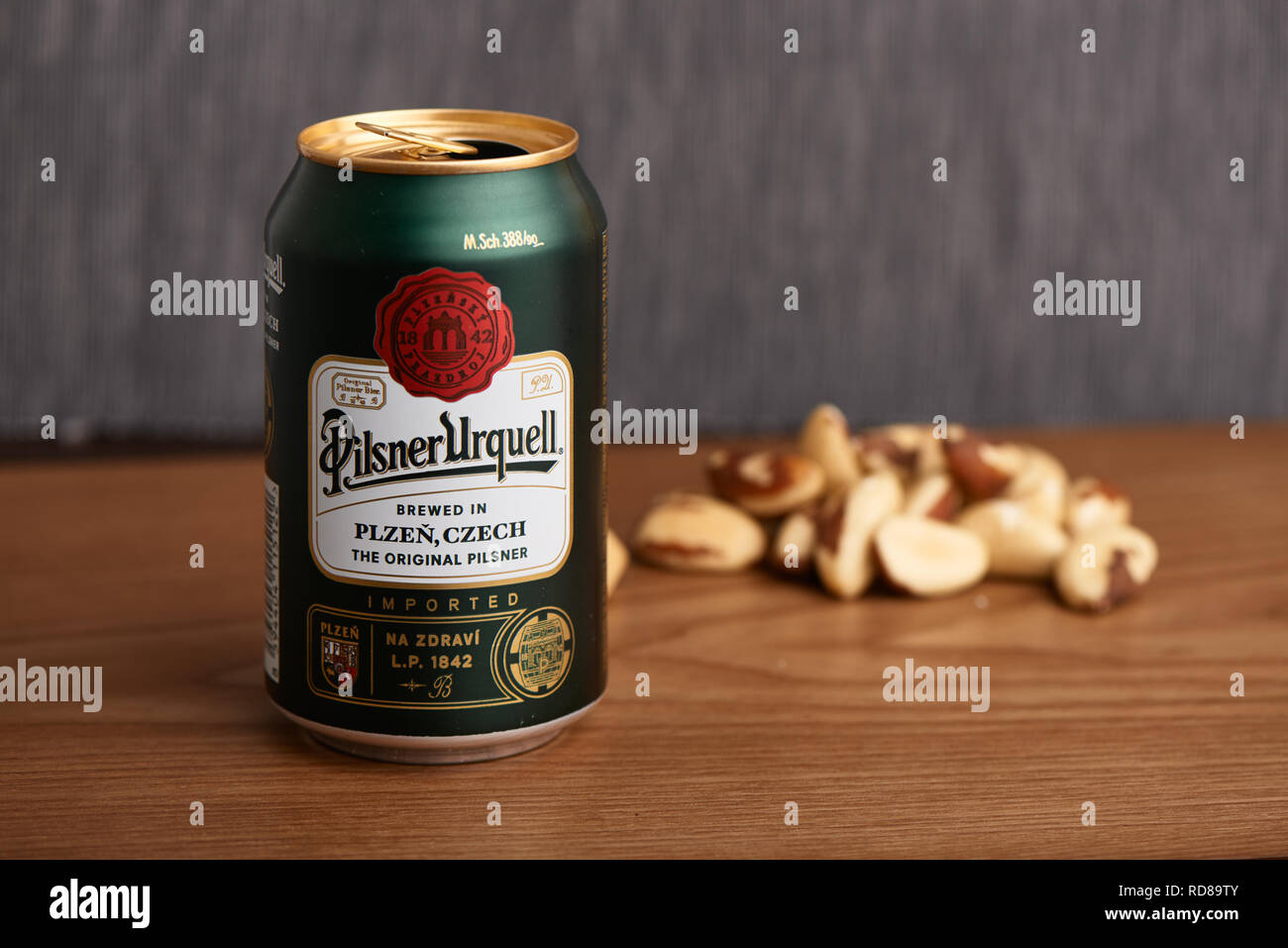 Gimpo, Korea - September 7, 2018: Pilsner Urquell can. Pilsner Urquell is a Czech lager brewed by the Pilsner Urquell Brewery and the world's first bl Stock Photo