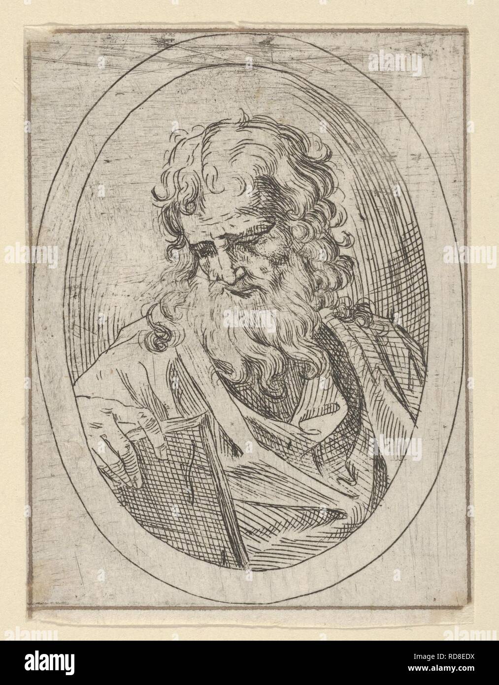 An apostle with a long beard looking down at an open book, in an oval ...