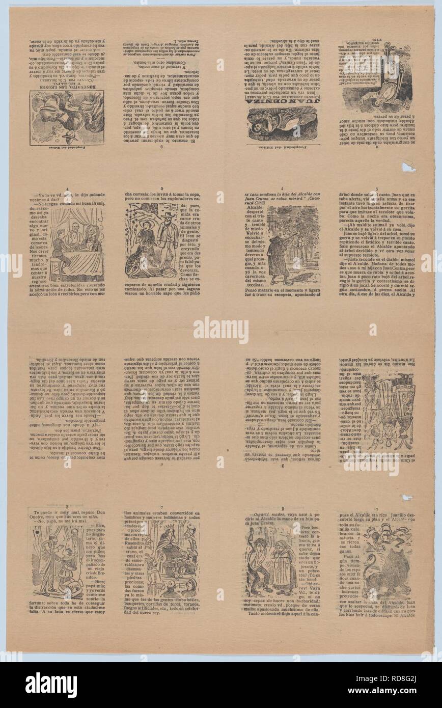 An uncut sheet printed on both sides with pages from 'Juan Ceniza' (cuento arreglado por C. S. Suarez) and 'Rosendito, los leones y el sapo' (cuento por C. S. Suarez) Stock Photo