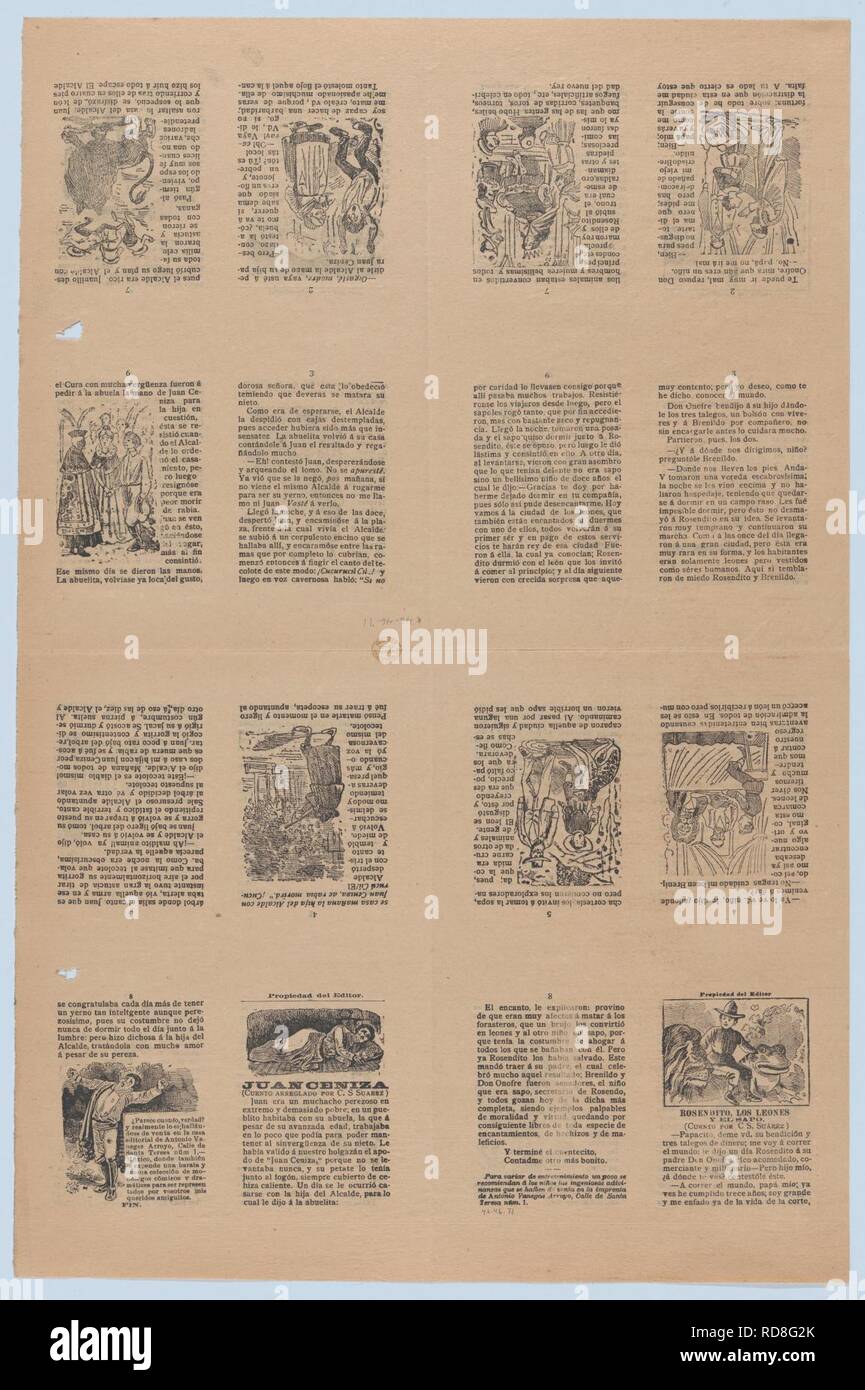 An uncut sheet printed on both sides with pages from 'Juan Ceniza' (cuento arreglado por C. S. Suarez) and 'Rosendito, los leones y el sapo' (cuento por C. S. Suarez) Stock Photo