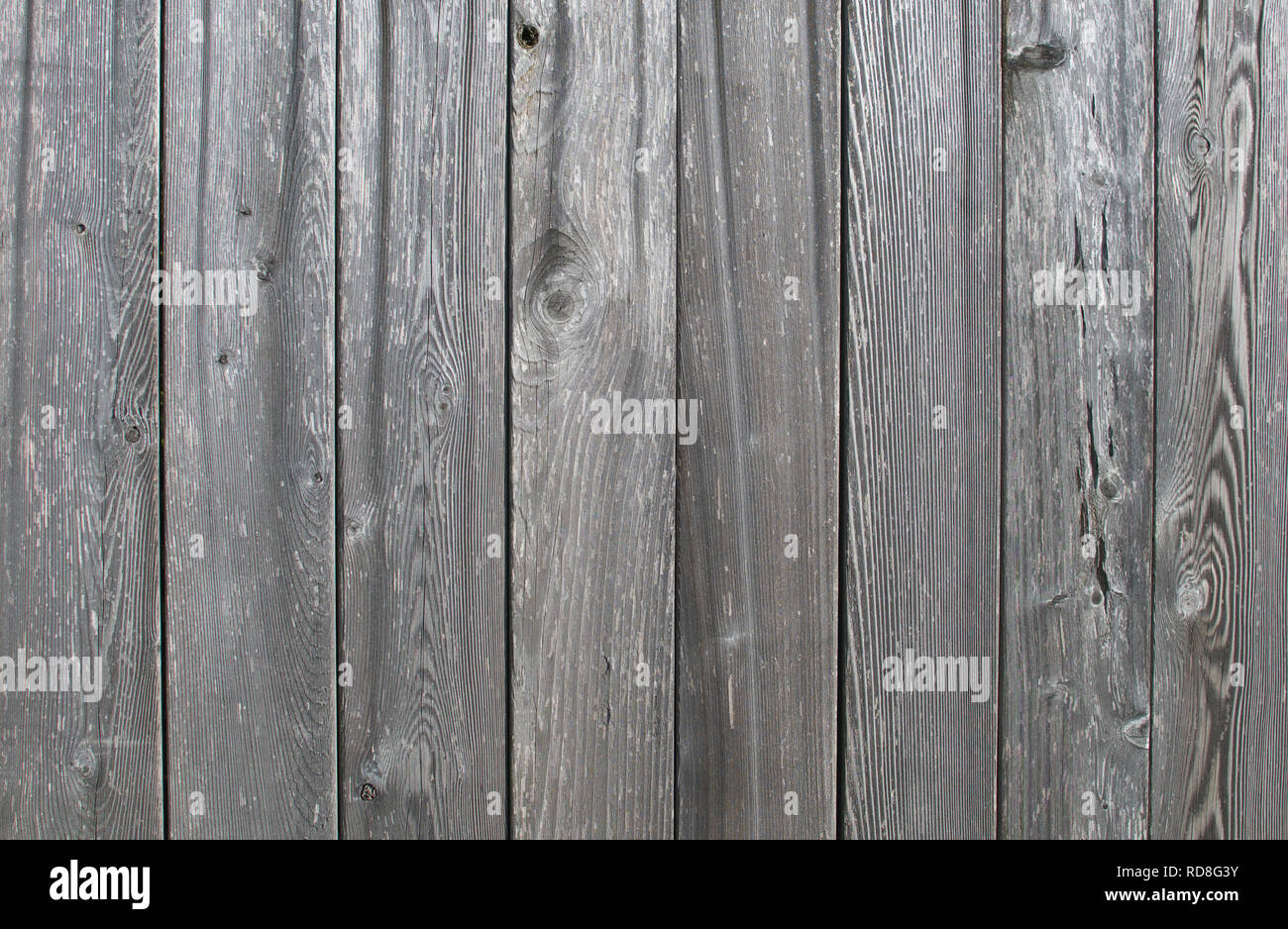Weathered vertical narrow grey fence boards. Stock Photo