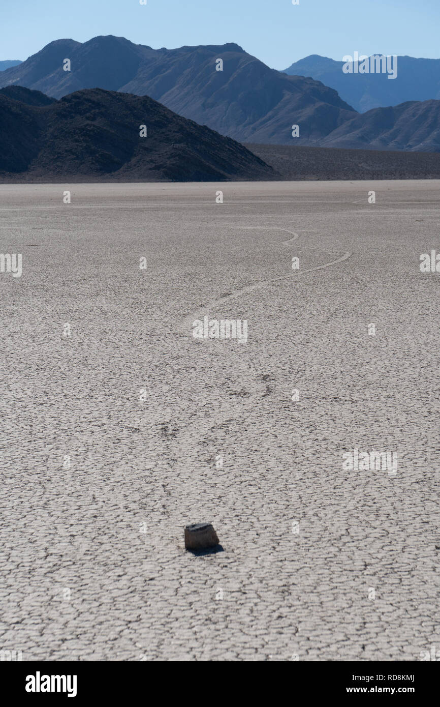 Sailing rocks leave trails in the mud as they move, Racetrack Playa, Death Valley National Park, California Stock Photo