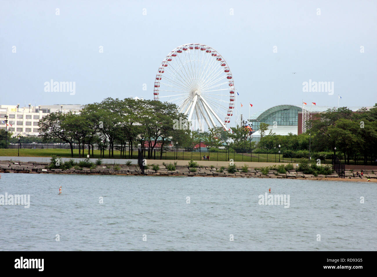 View of the Ferris Wheel from Navy Pier in Chicago, IL, USA Stock Photo