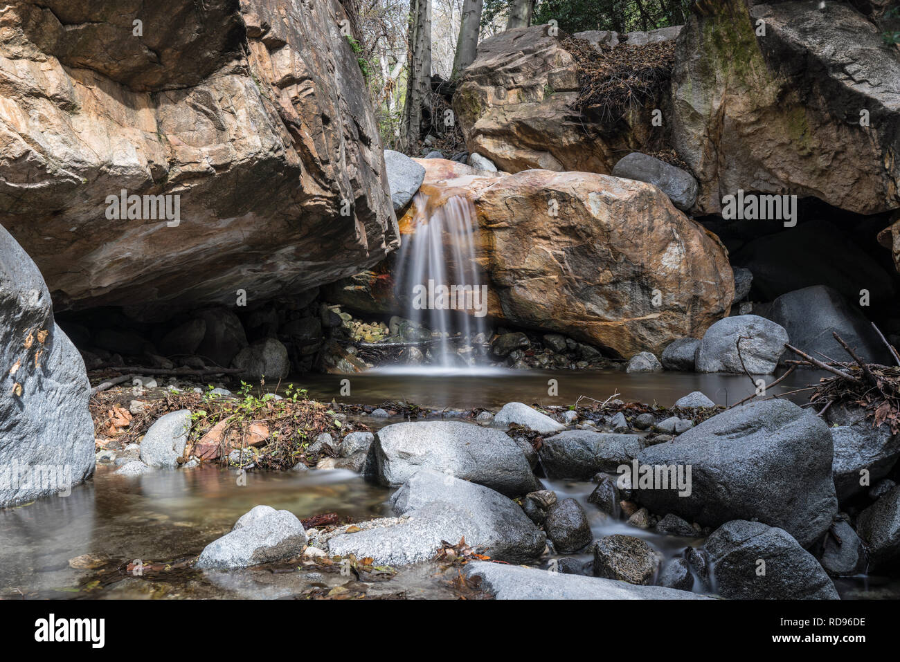 Idlehour falls and creek in the San Gabriel Mountains and Angeles National Forest above Los Angeles in Southern California. Stock Photo